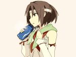  1girl bare_shoulders bottle brown_hair bust detached_sleeves headband kantai_collection nagara_(kantai_collection) sarukomea school_uniform short_hair solo sweat towel towel_around_neck water_bottle 