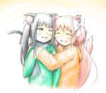  2girls :d akemi_homura alternate_hairstyle animal_ears black_hair bow cat_ears cat_tail closed_eyes denko_unezumi hair_bow kaname_madoka kemonomimi_mode long_hair looking_at_another mahou_shoujo_madoka_magica multiple_girls one_eye_closed open_mouth pink_hair short_hair simple_background smile tail twintails two_side_up violet_eyes white_background yuri 