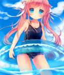  1girl blue_eyes clouds hair_ribbon long_hair looking_at_viewer nachi one-piece_swimsuit original partially_submerged pink_hair ribbon sky solo swimsuit twintails water wet 