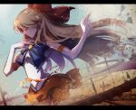 1girl abstract_background aino_minako bishoujo_senshi_sailor_moon blonde_hair bow choker closed_eyes debris elbow_gloves gears glint gloves hair_bow half_updo hand_on_own_chest jewelry long_hair magical_girl orange_skirt outstretched_arm parted_lips profile sailor_venus sketch skirt solo standing stells tiara waist_chain 