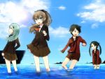  4girls aqua_eyes aqua_hair ascot black_hair blue_sky brown_eyes brown_hair brown_skirt frilled_skirt frills from_behind hair_ornament hairclip kantai_collection kumano_(kantai_collection) long_hair long_sleeves mikuma_(kantai_collection) mogami_(kantai_collection) multiple_girls neckerchief ocean partially_submerged pleated_skirt ponytail sailor_collar sarukomea school_uniform short_hair shorts skirt sky suzuya_(kantai_collection) twintails 