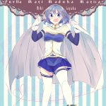  1girl :d armband belt blue_eyes blue_hair cape character_name copyright_name gloves hair_ornament hairclip magical_girl mahou_shoujo_madoka_magica mahou_shoujo_madoka_magica_movie miki_sayaka mizuki_(flowerlanguage) open_mouth short_hair smile solo soul_gem thigh-highs vertical-striped_background zettai_ryouiki 