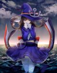 1girl aki663 braid brown_hair closed_eyes clouds hair_ribbon hat hat_ribbon highres instrument long_hair ocarina oounabara_to_wadanohara pantyhose partially_submerged pointy_ears ribbon sailor_dress solo star_(sky) tears twin_braids wadanohara water white_legwear witch_hat 