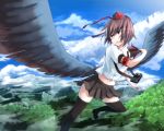  1girl armband black_legwear black_skirt black_wings blue_sky brown_hair camera clouds cloudy_sky fan feathered_wings flying forest hat holding koke_(moromiso) looking_back mountain nature open_mouth red_eyes scenery shameimaru_aya shirt short_hair shorts skirt sky smile spread_wings tagme thigh-highs tokin_hat touhou wind wings zettai_ryouiki 