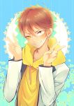  1boy blush double_v free! hoodie male mikoshiba_momotarou one_eye_closed orange_hair short_hair smile v yellow_eyes 