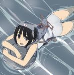  akebon black_hair goggles goggles_on_head japanese_flag kantai_collection looking_at_viewer looking_up maru-yu_(kantai_collection) open_mouth short_hair smile solo swimming swimsuit water 