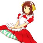  1girl amami_haruka brown_hair dani-ikapi green_eyes idolmaster short_hair simple_background sitting solo striped striped_legwear wariza white_background 