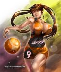  1girl basketball breasts brown_hair cleavage clothes_writing fishnets ge_xi hair_ribbon hands huge_breasts leotard long_hair muscle original red_eyes ribbon shorts solo twintails watermark web_address yellow_eyes 