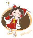  1girl =_= ahoge ascot bow brown_hair byourou chibi closed_eyes cushion dated detached_sleeves drooling hair_bow hair_ornament hair_ribbon hair_tubes hakurei_reimu lying open_mouth ribbon short_hair sleeping solo touhou translation_request 