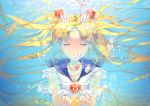  1girl bishoujo_senshi_sailor_moon blonde_hair bubble cherinova choker closed_eyes crescent double_bun facial_mark forehead_mark heart long_hair magical_girl multicolored_nail_polish nail_polish sailor_moon solo super_sailor_moon tsukino_usagi twintails underwater 