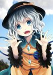  1girl blue_sky bow clouds grey_eyes hat hat_bow komeiji_koishi kurona long_sleeves looking_at_viewer open_mouth shirt silver_hair skirt sky smile solo touhou wide_sleeves 