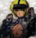  1girl blonde_hair bodysuit breasts center_opening fighting_stance fingerless_gloves forehead_protector gloves juni leotard p.o.n._lab serious short_hair sideboob small_breasts solo street_fighter street_fighter_zero yellow_eyes 