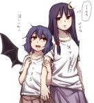  2girls alternate_costume arm_at_side bat_wings collarbone crescent_hair_ornament hair_ornament hair_ribbon height_difference holding_arm lavender_hair long_hair looking_at_another multiple_girls open_mouth patchouli_knowledge pink_skirt purple_hair purple_skirt red_eyes remilia_scarlet ribbon shirt short_hair skirt skirt_set smile terimayo touhou tress_ribbon violet_eyes white_shirt wings 