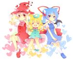  3girls animal_ears bat_wings blonde_hair blue_eyes blue_hair bow cat_ears character_request hair_bow hair_ornament hair_ribbon hands_on_headwear hat heart heart_background multiple_girls outstretched_arms pout red_eyes ribbon short_hair sitting spread_arms towelket_wo_mou_ichido twintails uguisu_mochi_(ykss35) white_hair wings witch_hat 