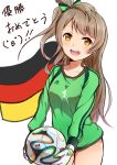  1girl 2014_fifa_world_cup ball blush bow brazuca brown_hair clothes_writing german_flag germany gloves goalkeeper hair_bow k@ito90p long_hair looking_at_viewer love_live!_school_idol_project minami_kotori open_mouth side_ponytail smile soccer_ball soccer_uniform solo sportswear translation_request world_cup yellow_eyes 