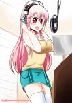  1girl absurdres blush breasts headphones highres large_breasts long_hair looking_at_viewer microphone nitroplus open_mouth pink_eyes pink_hair red_eyes smile solo super_sonico thigh-highs 