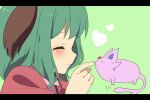  1girl ^_^ closed_eyes creature espeon green_background green_hair heart hentai_ouji_to_warawanai_neko kasodani_kyouko parody pokemon short_hair smile touhou uguisu_mochi_(ykss35) 