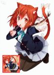  1girl absurdres animal_ears blazer blush bowl brown_eyes brown_hair cat_ears cat_tail chopsticks cuteg eating fish food hair_ornament hairclip highres hirasawa_yui k-on! open_mouth pantyhose rice rice_bowl scan school_uniform short_hair skirt solo tail 