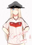  1girl 2014_fifa_world_cup bismarck_(kantai_collection) blonde_hair blue_eyes blush bottomless breasts hands_on_hips hat hinagi_(fox_priest) kantai_collection long_hair looking_at_viewer one_eye_closed smile soccer_uniform solo sportswear white_background world_cup 