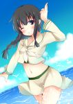  1girl bangs black_hair blue_sky blunt_bangs blush braid brown_hair grin highres kantai_collection kitakami_(kantai_collection) long_hair long_sleeves looking_at_viewer midriff navel neckerchief ocean one_eye_closed sailor_collar salute school_uniform serafuku single_braid sisterakuma sky smile solo 