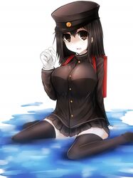  1girl akitsu_maru_(kantai_collection) alternate_eye_color black_clothes black_hair black_legwear black_skirt breasts buttons gloves hat highres kantai_collection large_breasts long_sleeves military military_uniform miniskirt orange_eyes pale_skin peaked_cap pleated_skirt short_hair sitting skirt solo thigh-highs uniform wadakazu wading water white_gloves white_skin 