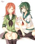  2girls ahoge bandaged_arm bandaid brown_hair closed_eyes eyepatch green_eyes green_hair kantai_collection kiso_(kantai_collection) long_hair multiple_girls navel ooi_(kantai_collection) open_mouth pleated_skirt school_uniform serafuku short_hair signature sitting sketch skirt smile tagme toosaka_asagi 