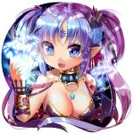  1girl bat_wings breasts chain cleavage facial_mark fang forehead_mark long_hair magic_circle mvv open_mouth original pointy_ears purple_hair smile solo star star-shaped_pupils symbol-shaped_pupils twintails wings 