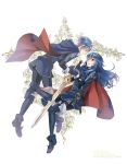  1boy 1girl blue_eyes blue_hair cape fingerless_gloves fire_emblem fire_emblem:_kakusei gloves long_hair lowah lucina marth nintendo short_hair smile sword tiara weapon 