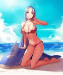  1girl ahoge beach bikini blue_hair breasts highres huge_breasts idolmaster long_hair miura_azusa red_bikini red_eyes saiste solo sunlight swimsuit 