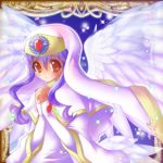  1girl battle_spirits brown_eyes character_request hands_clasped hayabusa_koi hood looking_at_viewer parted_lips purple_hair solo sparkle white_wings wings 