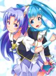  2girls arm_warmers blue_eyes blue_hair blue_skirt blush brooch cure_fortune cure_princess earrings fortune_tambourine frills hair_ornament happinesscharge_precure! heart_hair_ornament hikawa_iona jewelry kagomikan313 long_hair magical_girl multiple_girls necktie precure purple_hair purple_skirt shirayuki_hime skirt smile twintails violet_eyes wrist_cuffs 