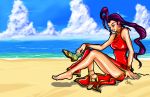 1girl ahoge akiv707 alternate_costume bare_shoulders barefoot beach breasts china_dress chinese_clothes huge_ahoge long_hair ocean purple_hair rose_(street_fighter) sandals side_slit single_shoe sitting solo street_fighter wrist_cuffs 