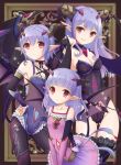  3girls :/ bat_wings breasts cardfight!!_vanguard character_request choker cleavage hayabusa_koi height_difference horns long_hair looking_at_viewer multiple_girls pantyhose pointy_ears purple_hair red_eyes short_hair smile tail thigh-highs wings 