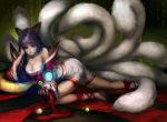  1girl ahri animal_ears arm_support blue_eyes blue_hair breasts collarbone elbow_rest energy_ball fox_ears fox_girl fox_tail highres league_of_legends long_hair long_sleeves lying multiple_tails off_shoulder on_side red_clothes skirt skirt_set tagme tail wide_sleeves 