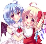  2girls ahoge bat_wings blonde_hair blue_hair blush bow brooch dress fang flandre_scarlet hair_bow jewelry multiple_girls no_hat open_mouth pink_eyes puffy_short_sleeves puffy_sleeves red_dress remilia_scarlet rika-tan_(rikatantan) shirt short_sleeves siblings sisters smile touhou white_dress wings wrist_cuffs 