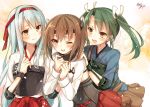  3girls :d ;d brown_eyes brown_hair green_hair hair_ornament hair_ribbon headband kantai_collection long_hair looking_at_viewer multiple_girls muneate one_eye_closed open_mouth pleated_skirt ribbon short_hair shoukaku_(kantai_collection) signature silver_hair sketch skirt smile tagme taihou_(kantai_collection) toosaka_asagi twintails zuikaku_(kantai_collection) 