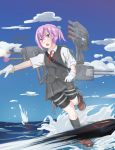  1girl blue_eyes blue_sky buttons cannon clouds gloves grey_skirt hair_bobbles hair_ornament highres kantai_collection leg_up long_hair mary_janes open_mouth outdoors pink_hair pleated_skirt ponytail red_ribbon ribbon running running_on_water shiranui_(kantai_collection) shoes short_sleeves skirt sky socks solo sugisaki_tsugi torpedo vest water white_gloves 