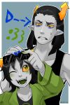  1boy 1girl black_hair blue_eyes clenched_teeth coat equius_zahhak fang fangs green_eyes grey_skin hat homestuck horns mihirahira nepeta_leijon open_mouth short_hair smile sunglasses sweatdrop tank_top yellow_sclera 