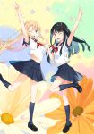  2girls ;d arms_up black_hair black_shoes black_skirt blonde_hair blush floating_hair floral_background green_eyes hands_together index_finger_raised kimura_(ykimu) loafers long_hair looking_at_viewer multiple_girls navy_blue_legwear one_eye_closed open_mouth pleated_skirt pointing pointing_up school_uniform serafuku shoes short_sleeves skirt smile standing standing_on_one_leg teeth violet_eyes 