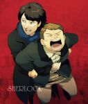  2boys blue_eyes brown_hair closed_eyes coat commentary_request copyright_name from_above highres jacket john_hamish_watson male multiple_boys open_mouth scarf sherlock_(bbc) sherlock_holmes_(sherlock) smile standing sweatdrop t_k_g tagme 