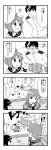 1boy 3girls 4girls 4koma :d admiral_(kantai_collection) bangs blunt_bangs butterfly cannon comic explosion hair_ornament hat highres kantai_collection kitakami_(kantai_collection) military monochrome multiple_girls neckerchief ooi_(kantai_collection) open_mouth peaked_cap recoil sailor_collar school_uniform serafuku seraphwia short_hair smile translation_request turret yukikaze_(kantai_collection) 
