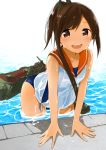  1girl brown_eyes brown_hair fuji-yama i-401_(kantai_collection) kantai_collection looking_at_viewer machinery open_mouth ponytail solo swimsuit swimsuit_under_clothes turret water 