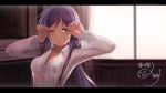  1girl aqua_eyes blouse blush character_name letterboxed long_hair love_live!_school_idol_project one_eye_closed purple_hair rods solo toujou_nozomi waking_up window 