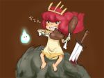  1girl barefoot blood blush_stickers brown_background brown_eyes child child_of_light_(game) clenched_teeth crown dress e10 eating food freckles gloves igniculus long_hair meat monster parted_lips pink_hair planted_sword planted_weapon princess_aurora simple_background sitting sword translation_request weapon wisp 