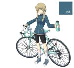  1girl ahoge amane_suzuha bicycle bike_shorts bottle braid brown_hair green_eyes holding long_hair simple_background smile solo steins;gate tbonjobi_(sukemasa) track_jacket twin_braids white_background 