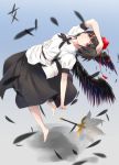  1girl ankh_(ankh_05) barefoot black_hair black_wings fan feathers hat highres no_shoes puffy_short_sleeves puffy_sleeves red_eyes shameimaru_aya shirt short_hair short_sleeves skirt smile tokin_hat touhou wings 