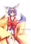  1girl animal_ears artist_name beast_girl blush bow copyright_name fox_ears fox_tail hairband hatsuse_izuna highres japanese_clothes looking_at_viewer nncat no_game_no_life purple_hair short_hair slit_pupils solo tail wide_sleeves yellow_eyes 