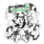 &gt;:o 1girl :o astaroth_(p&amp;d) bangs blunt_bangs bow creature dress frilled_bow frilled_dress frills green_eyes green_hair hairband hat highres holding horns jester_cap kneehighs pigeon-toed pikomarie puzzle_&amp;_dragons short_hair simple_background sketch solo spot_color twintails white_background 