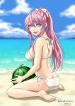  1girl beach bikini blue_eyes food fruit hamura_mayu long_hair megurine_luka pink_hair ponytail sitting swimsuit vocaloid wariza watermelon 