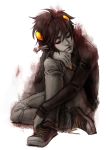  1boy arm_support black_hair closed_eyes grey_skin homestuck horns karkat_vantas len-yan nail_polish realistic short_hair sitting sleeping solo sweater 